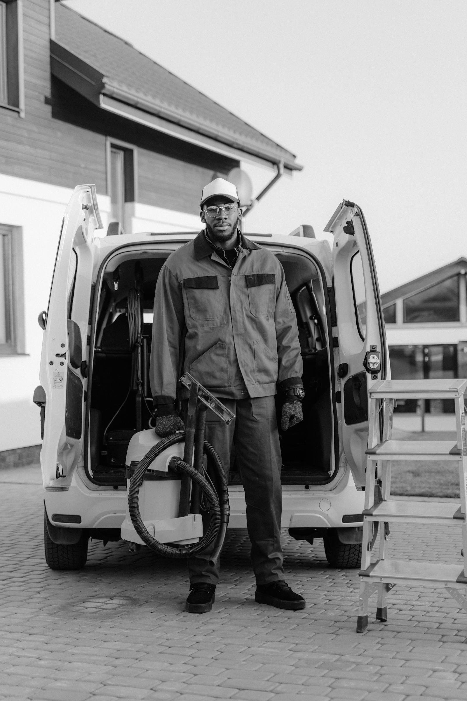 Professional cleaner with vacuum equipment outside a service van