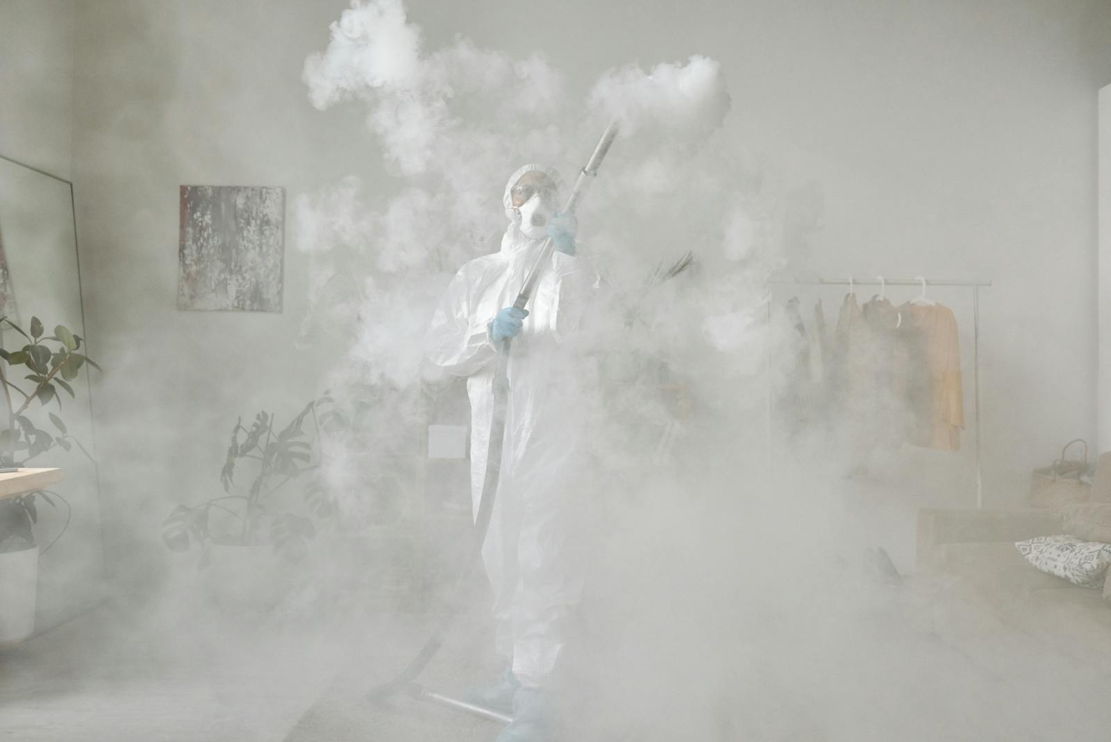 Cleaner in protective equipment fogging and disinfecting an indoor room